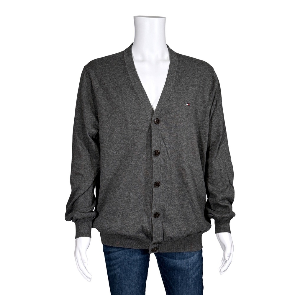 Tommy Hilfiger Mens XXL Gray V-Neck Button Front Knit Cardigan Sweater‎ Logo